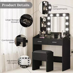 Coiffeuse avec prise électrique, coiffeuse de maquillage avec grand miroir et lumières LED, 7 tiroirs et tabouret rembourré