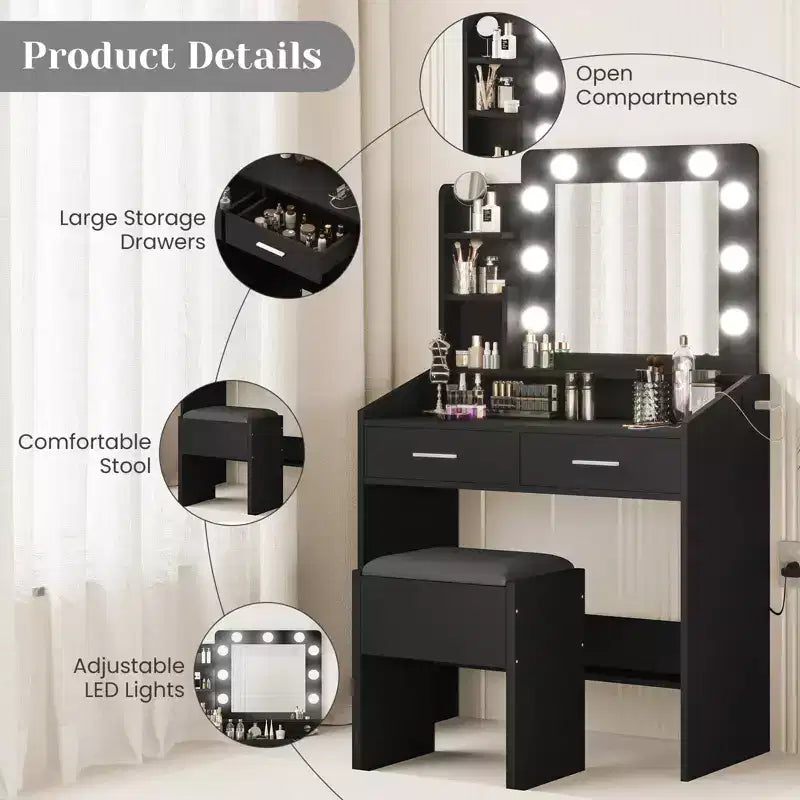 Coiffeuse avec prise électrique, coiffeuse de maquillage avec grand miroir et lumières LED, 7 tiroirs et tabouret rembourré