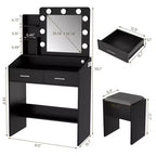 Coiffeuse avec prise électrique, coiffeuse de maquillage avec grand miroir et lumières LED, 7 tiroirs et tabouret rembourré
