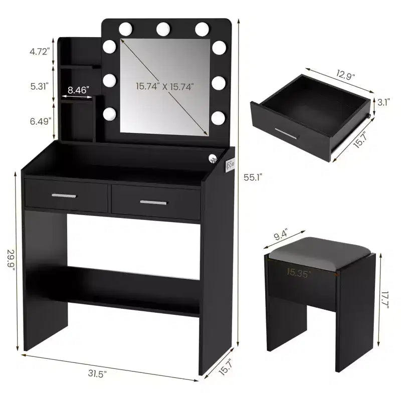 Coiffeuse avec prise électrique, coiffeuse de maquillage avec grand miroir et lumières LED, 7 tiroirs et tabouret rembourré