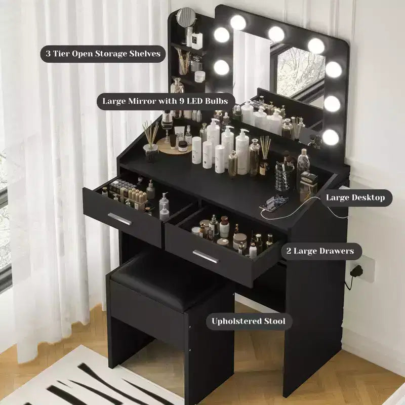 Coiffeuse avec prise électrique, coiffeuse de maquillage avec grand miroir et lumières LED, 7 tiroirs et tabouret rembourré