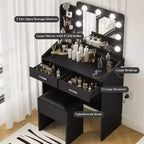 Coiffeuse avec prise électrique, coiffeuse de maquillage avec grand miroir et lumières LED, 7 tiroirs et tabouret rembourré