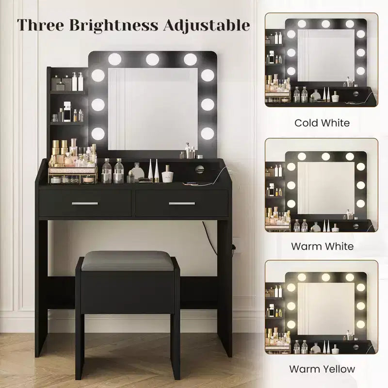 Coiffeuse avec prise électrique, coiffeuse de maquillage avec grand miroir et lumières LED, 7 tiroirs et tabouret rembourré