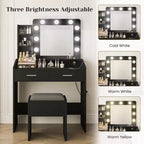 Coiffeuse avec prise électrique, coiffeuse de maquillage avec grand miroir et lumières LED, 7 tiroirs et tabouret rembourré