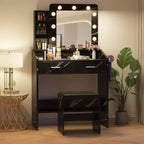 Coiffeuse avec prise électrique, coiffeuse de maquillage avec grand miroir et lumières LED, 7 tiroirs et tabouret rembourré