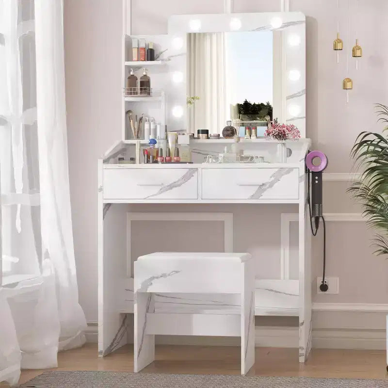 Coiffeuse avec prise électrique, coiffeuse de maquillage avec grand miroir et lumières LED, 7 tiroirs et tabouret rembourré