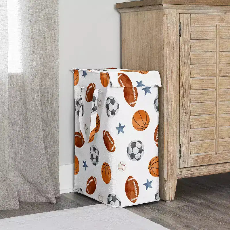 Sweet Jojo Designs Panier à Linge Pliant pour Garçon avec Poignées Thème Sports Aquarelle Bleu Marron et Orange