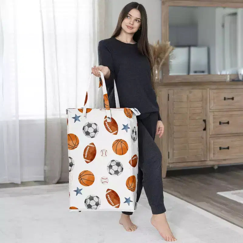 Sweet Jojo Designs Panier à Linge Pliant pour Garçon avec Poignées Thème Sports Aquarelle Bleu Marron et Orange