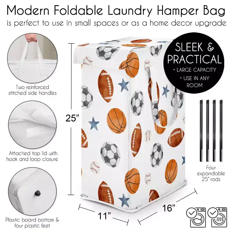 Sweet Jojo Designs Panier à Linge Pliant pour Garçon avec Poignées Thème Sports Aquarelle Bleu Marron et Orange