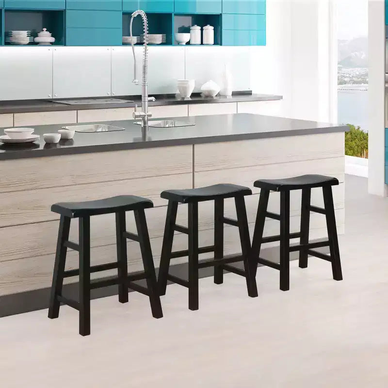eHemco Tabourets de bar à hauteur de comptoir de cuisine, en bois massif, avec assise en selle, 61 cm, lot de 3