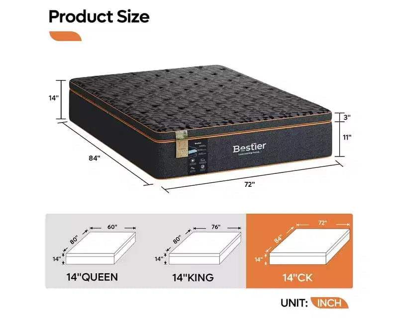 Matelas Bestier 14 po king size, matelas en mousse à mémoire de forme avec gel rafraîchissant noir, matelas en laine biologique, ressorts de soutien lombaire pour un confort supérieur