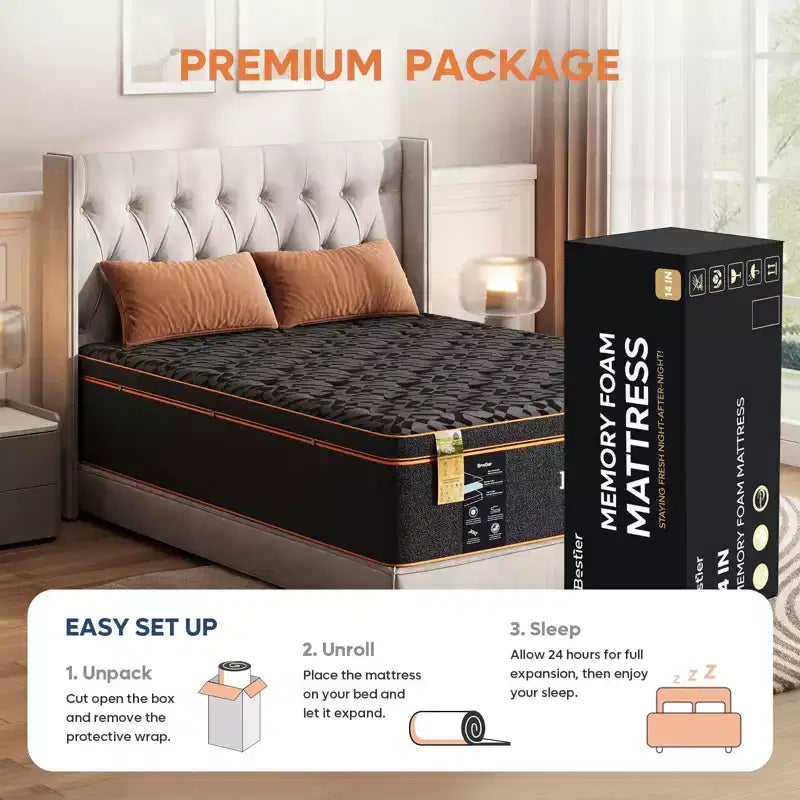 Matelas Bestier 14 po king size, matelas en mousse à mémoire de forme avec gel rafraîchissant noir, matelas en laine biologique, ressorts de soutien lombaire pour un confort supérieur