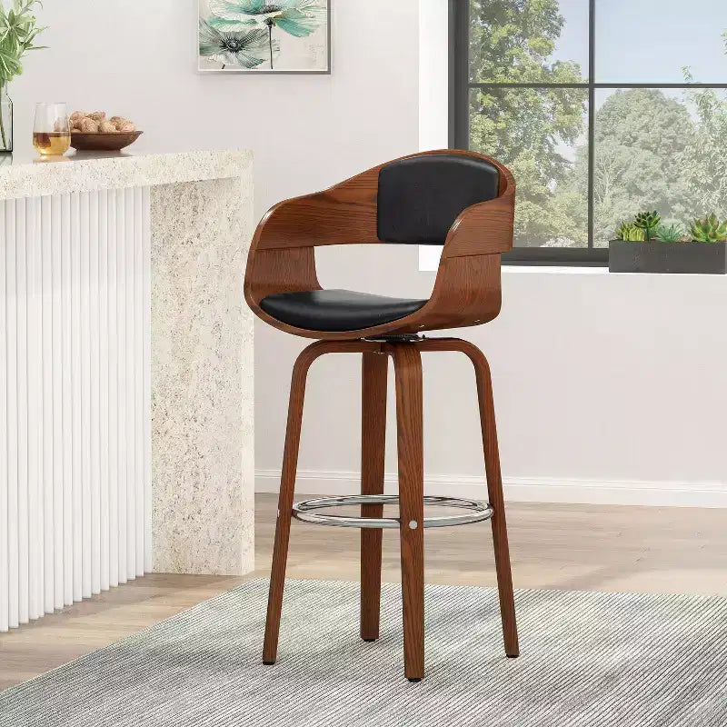 360 Swivel Bar Stool Counter Stool Dining Chair Pub Kitchen Stool, Black&Brown-ModernLuxe