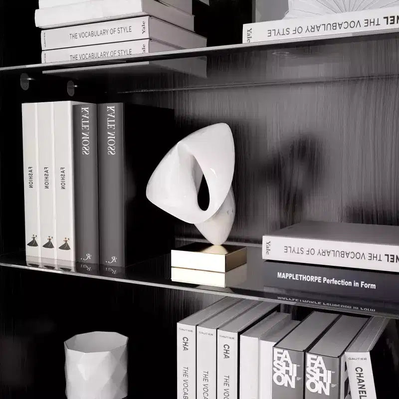 Meuble de rangement noir à grain de bois avec portes vitrées doubles, meuble de rangement décoratif