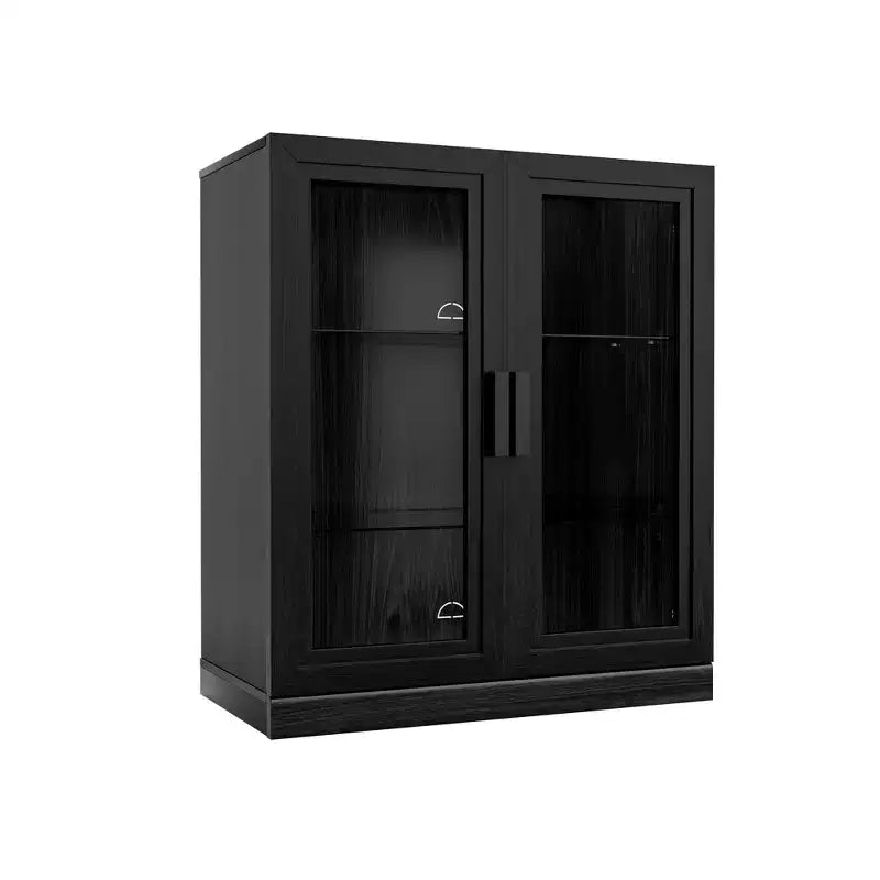 Meuble de rangement noir à grain de bois avec portes vitrées doubles, meuble de rangement décoratif
