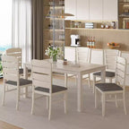 VECELO Farmhouse Style 7-Piece Dining Table Set for 6, Rubber Wood Table with 6 Upholstered Dining Chairs, Gray