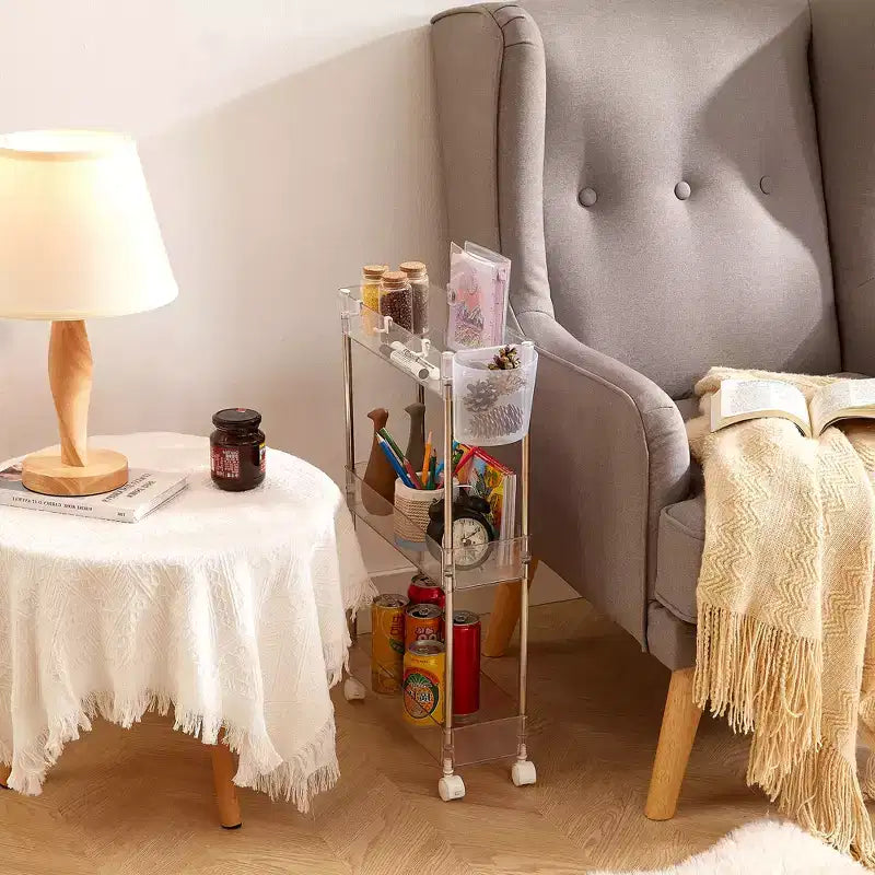 VECELO Chariot de Rangement Roulant à 3/4 Niveaux, Desserte de Rangement de Cuisine, Étagères Mobiles Coulissantes avec 2 Roues Verrouillables et Crochets