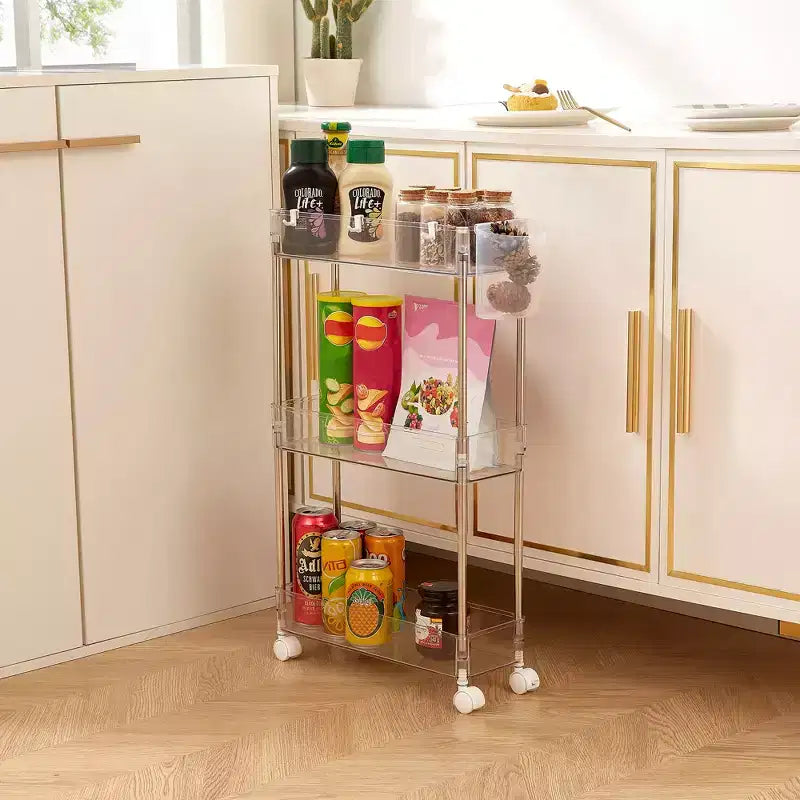 VECELO Chariot de Rangement Roulant à 3/4 Niveaux, Desserte de Rangement de Cuisine, Étagères Mobiles Coulissantes avec 2 Roues Verrouillables et Crochets