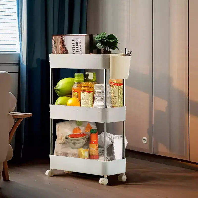VECELO Chariot de Rangement Roulant à 3/4 Niveaux, Desserte de Rangement de Cuisine, Étagères Mobiles Coulissantes avec 2 Roues Verrouillables et Crochets