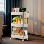 VECELO Chariot de Rangement Roulant à 3/4 Niveaux, Desserte de Rangement de Cuisine, Étagères Mobiles Coulissantes avec 2 Roues Verrouillables et Crochets