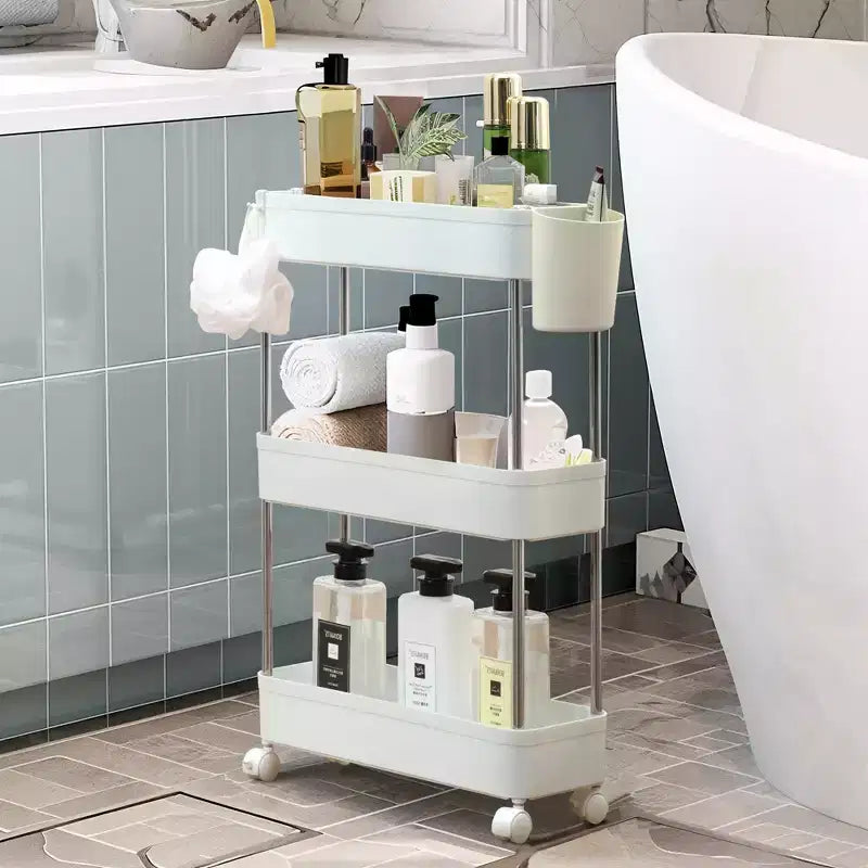 VECELO Chariot de Rangement Roulant à 3/4 Niveaux, Desserte de Rangement de Cuisine, Étagères Mobiles Coulissantes avec 2 Roues Verrouillables et Crochets
