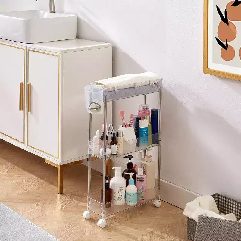 VECELO Chariot de Rangement Roulant à 3/4 Niveaux, Desserte de Rangement de Cuisine, Étagères Mobiles Coulissantes avec 2 Roues Verrouillables et Crochets