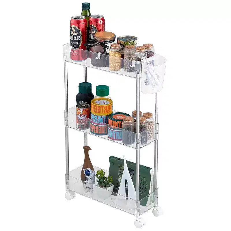 VECELO Chariot de Rangement Roulant à 3/4 Niveaux, Desserte de Rangement de Cuisine, Étagères Mobiles Coulissantes avec 2 Roues Verrouillables et Crochets