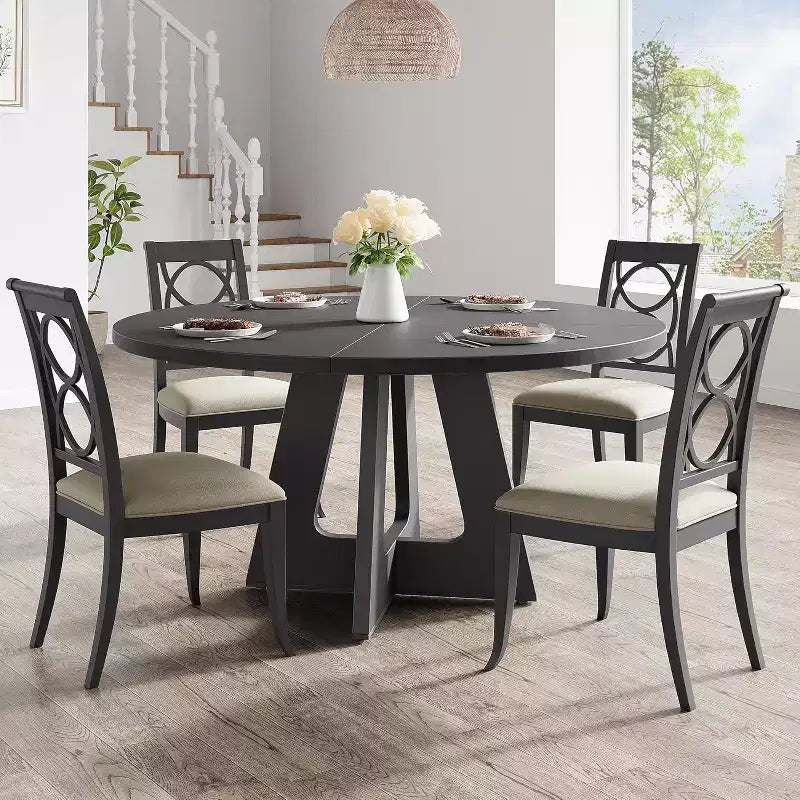 Grande table de salle à manger ronde de 47 pouces pour 4 à 6 personnes, table de ferme avec plateau et pieds en bois pour salle à manger noire (table uniquement)