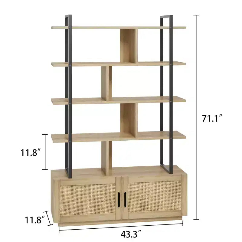 Étagère à livres en rotin à 5 niveaux avec armoire de rangement et porte, étagère industrielle de 180,6 cm de haut avec étagères de présentation ouvertes