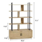 Étagère à livres en rotin à 5 niveaux avec armoire de rangement et porte, étagère industrielle de 180,6 cm de haut avec étagères de présentation ouvertes
