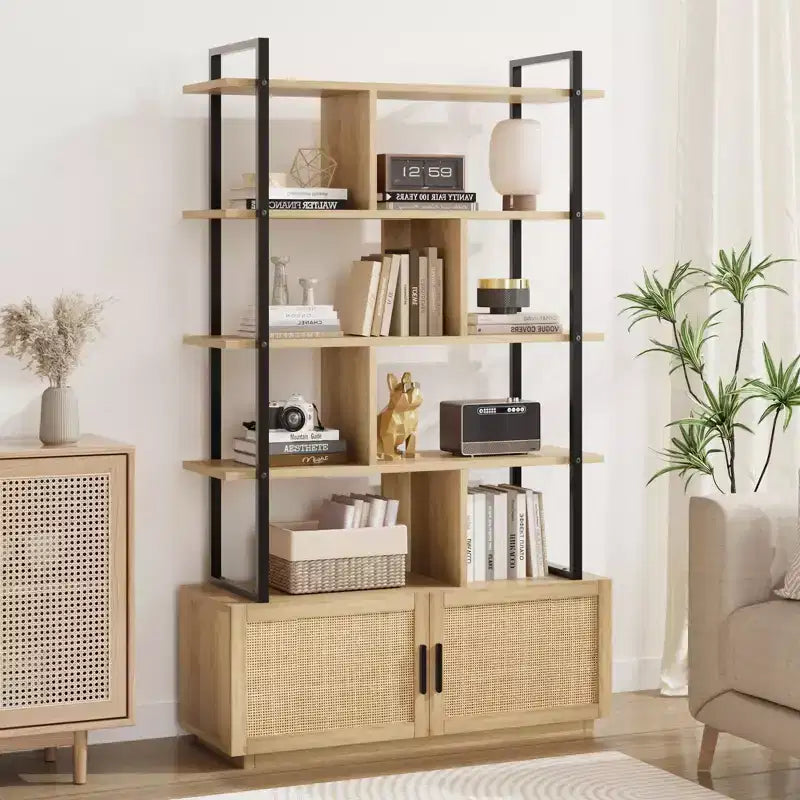 Étagère à livres en rotin à 5 niveaux avec armoire de rangement et porte, étagère industrielle de 180,6 cm de haut avec étagères de présentation ouvertes