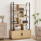 Étagère à livres en rotin à 5 niveaux avec armoire de rangement et porte, étagère industrielle de 180,6 cm de haut avec étagères de présentation ouvertes