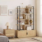 Étagère à livres en rotin à 5 niveaux avec armoire de rangement et porte, étagère industrielle de 180,6 cm de haut avec étagères de présentation ouvertes
