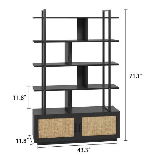 Étagère à livres en rotin à 5 niveaux avec armoire de rangement et porte, étagère industrielle de 180,6 cm de haut avec étagères de présentation ouvertes