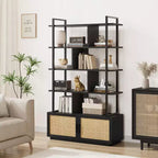 Étagère à livres en rotin à 5 niveaux avec armoire de rangement et porte, étagère industrielle de 180,6 cm de haut avec étagères de présentation ouvertes