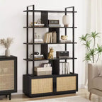 Étagère à livres en rotin à 5 niveaux avec armoire de rangement et porte, étagère industrielle de 180,6 cm de haut avec étagères de présentation ouvertes