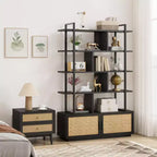 Étagère à livres en rotin à 5 niveaux avec armoire de rangement et porte, étagère industrielle de 180,6 cm de haut avec étagères de présentation ouvertes