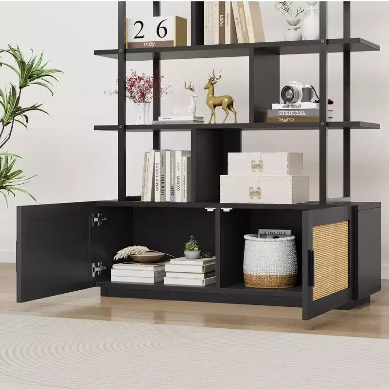 Étagère à livres en rotin à 5 niveaux avec armoire de rangement et porte, étagère industrielle de 180,6 cm de haut avec étagères de présentation ouvertes