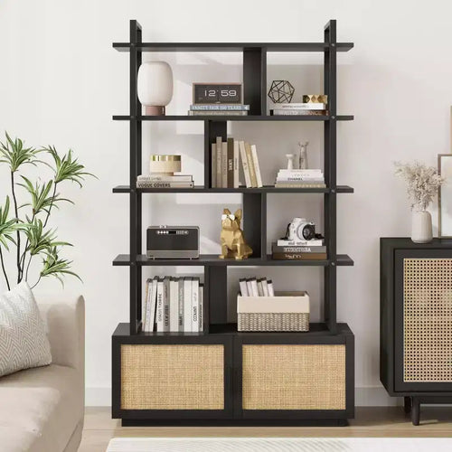 5 Tier Rattan Bookshelf with Storage Cabinet & Door, 71.1 Inch Tall Industrial Book Shelf with Open Display Shelves