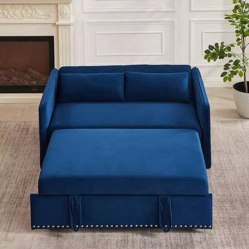 55 Velvet Convertible Sofa Bed - Modern Design with Pull-Out Bed, Pillows, & Grid Design Armrests