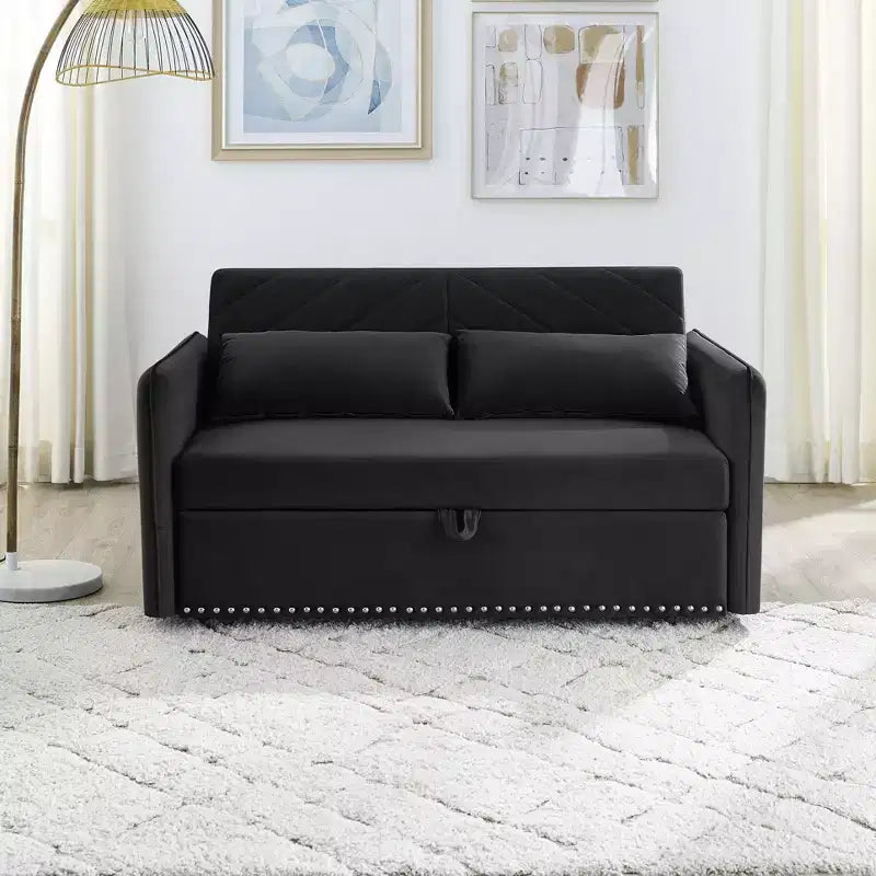 Canapé-lit convertible en velours 55 po – Design moderne avec lit gigogne, oreillers et accoudoirs à motif quadrillé