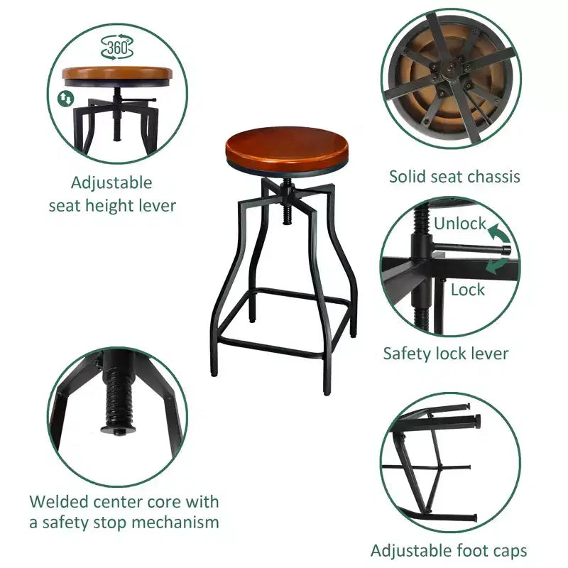 eHemco Tabouret de bar industriel réglable pivotant en métal avec siège en placage bois, marron rustique et noir, lot de 3