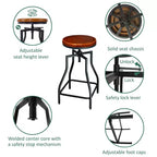eHemco Tabouret de bar industriel réglable pivotant en métal avec siège en placage bois, marron rustique et noir, lot de 3