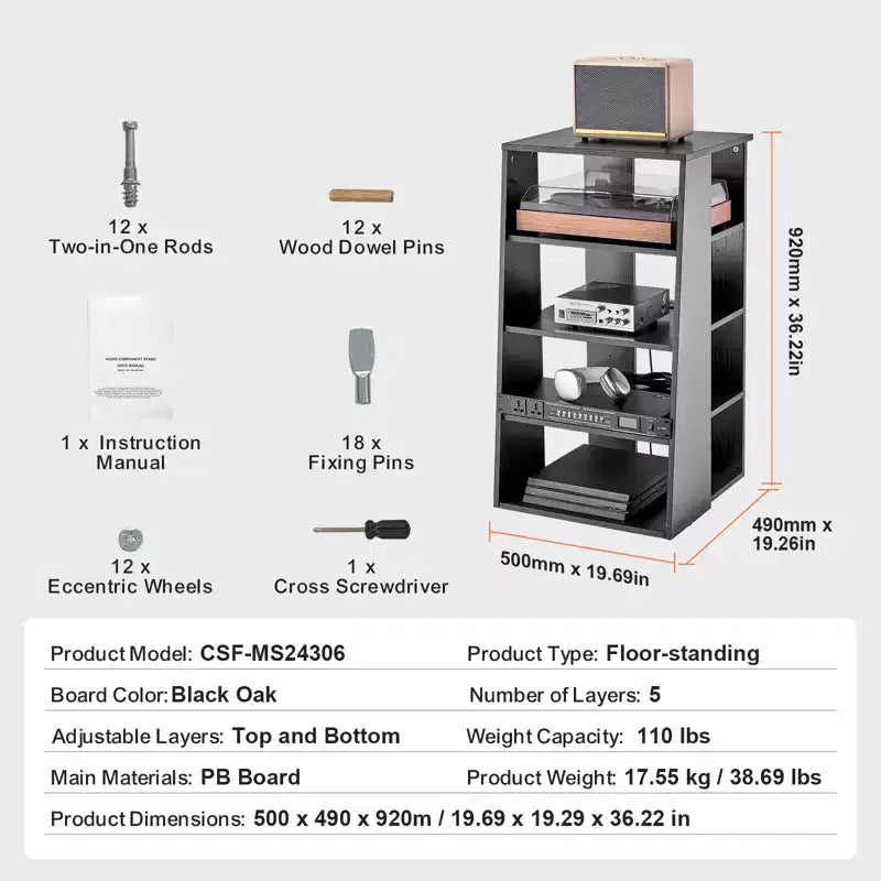 Meuble TV 5 niveaux VEVOR, meuble audio-vidéo en bois pour lecteurs DVD/décodeurs/consoles de jeux, meuble de rangement multimédia réglable en hauteur, noir