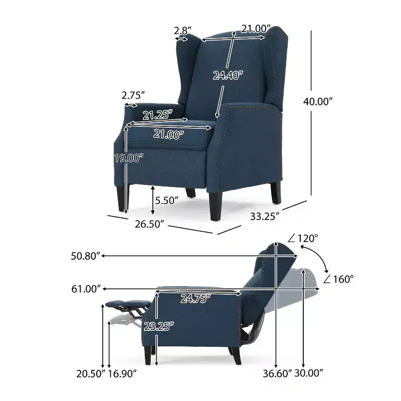 GDFStudio Weyland, fauteuil inclinable contemporain en tissu avec dossier à oreilles et clous décoratifs