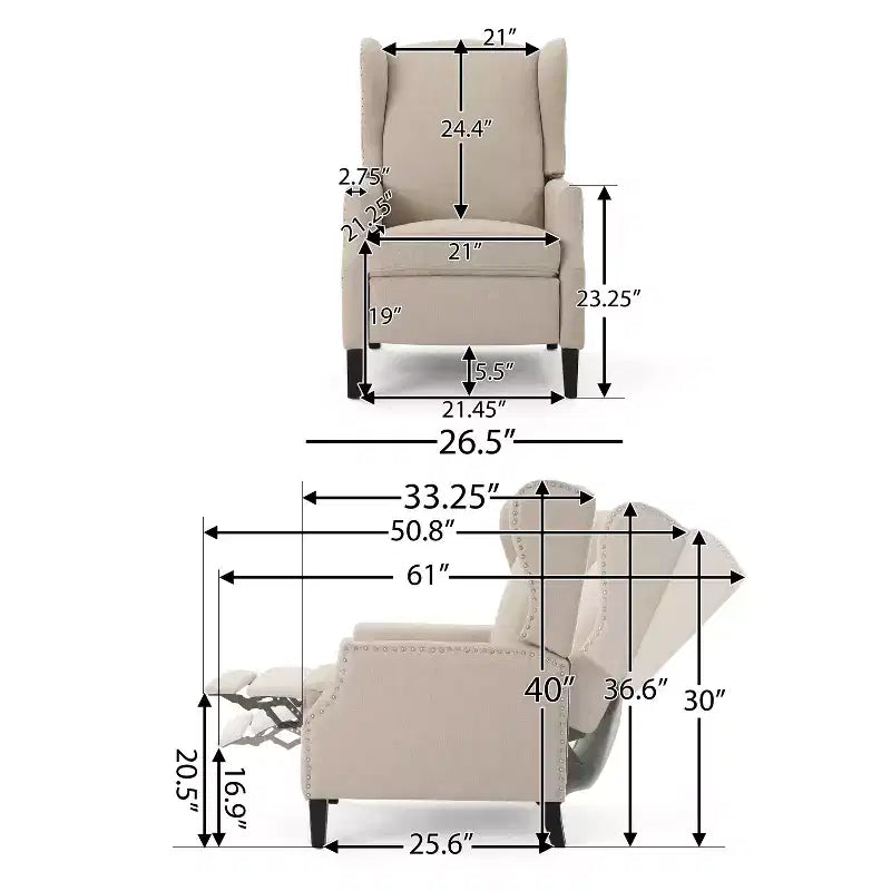 GDFStudio Weyland, fauteuil inclinable contemporain en tissu avec dossier à oreilles et clous décoratifs