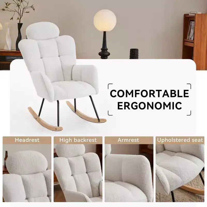 Fauteuil à bascule et coulissant pour chambre de bébé, en tissu Teddy, avec accoudoirs modernes, siège rembourré avec dossier haut et oreiller pour salon chambre à coucher (ivoire)
