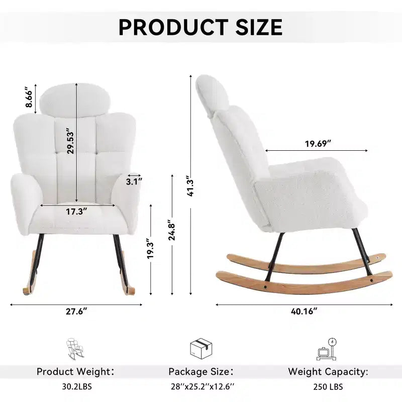 Fauteuil à bascule et coulissant pour chambre de bébé, en tissu Teddy, avec accoudoirs modernes, siège rembourré avec dossier haut et oreiller pour salon chambre à coucher (ivoire)