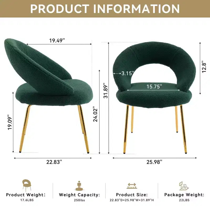 Lot de 1 chaises de salle à manger en tissu Teddy avec dossier incurvé et pieds en métal doré pour cuisine ou salle à manger, blanc