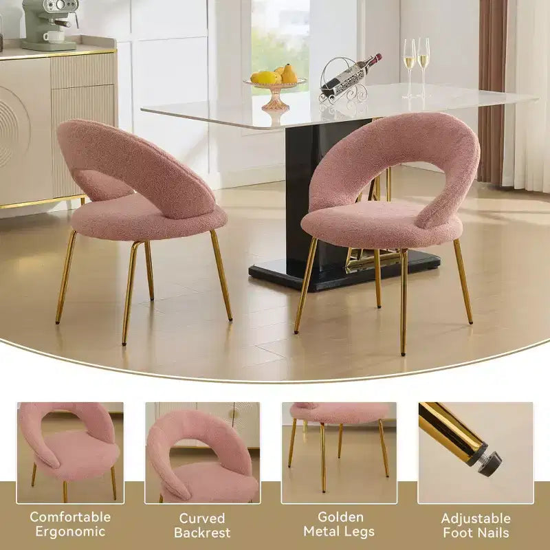 Lot de 1 chaises de salle à manger en tissu Teddy avec dossier incurvé et pieds en métal doré pour cuisine ou salle à manger, blanc
